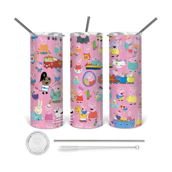 Peppa pig Characters, Tumbler ποτήρι θερμό από ανοξείδωτο ατσάλι 600ml, με μεταλλικό καλαμάκι & βούρτσα καθαρισμού