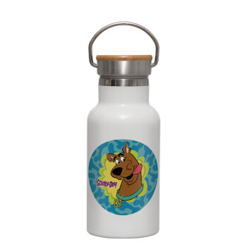 Scooby Doo, Metallic thermos (Stainless steel) White with wooden lid (bamboo), double-walled, 350ml