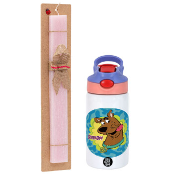 Scooby Doo, Easter Set, Children's thermal stainless steel water bottle with safety straw, pink/purple (350ml) & Easter scented flat candle (30cm) (PINK)