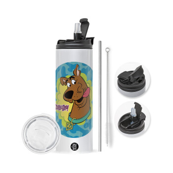 Scooby Doo, Travel Tumbler θερμό με διπλό καπάκι, μεταλλικό καλαμάκι και βούρτσα καθαρισμού (Ανωξείδωτο 304 Food grade, BPA free, 600ml)