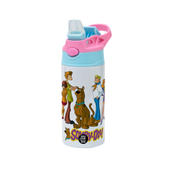 Scooby Doo Characters, Children's hot water bottle, stainless steel, with safety straw, Pink/BlueCiel (360ml) BPA FREE