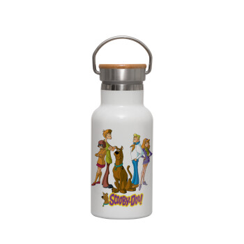 Scooby Doo Characters, Metallic thermos (Stainless steel) White with wooden lid (bamboo), double-walled, 350ml