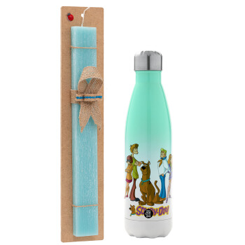 Scooby Doo Characters, Easter Set, Metallic green/white thermos (Stainless steel), double-walled, 500ml & scented flat Easter candle (30cm) (TURQUOISE)