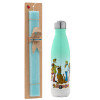 Easter Set, Metallic green/white thermos (Stainless steel), double-walled, 500ml & scented flat Easter candle (30cm) (TURQUOISE)