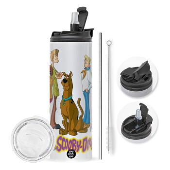 Scooby Doo Characters, Travel Tumbler θερμό με διπλό καπάκι, μεταλλικό καλαμάκι και βούρτσα καθαρισμού (Ανωξείδωτο 304 Food grade, BPA free, 600ml)