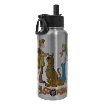 Scooby Doo Characters, Metal mug thermo Silver with Straw and Spout Lid (Stainless steel), double wall, 950ml