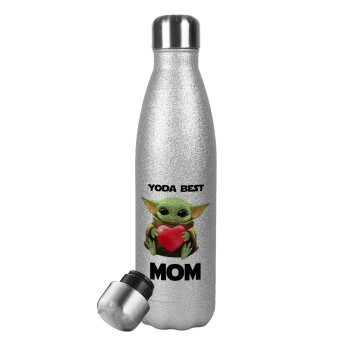 Yoda Best mom, Metallic Glitter Silver Thermos Flask (Stainless steel), double-walled, 500ml