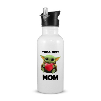 Yoda Best mom, White water bottle with straw, stainless steel 600ml