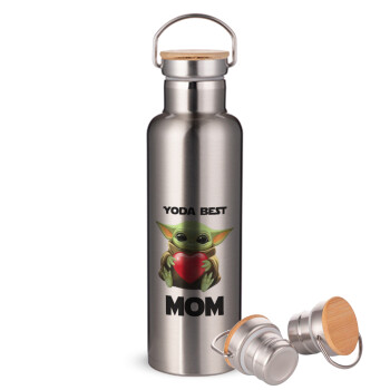 Yoda Best mom, Μεταλλικό παγούρι θερμός (Stainless steel) Ασημένιο με ξύλινο καπακι (bamboo), διπλού τοιχώματος, 750ml