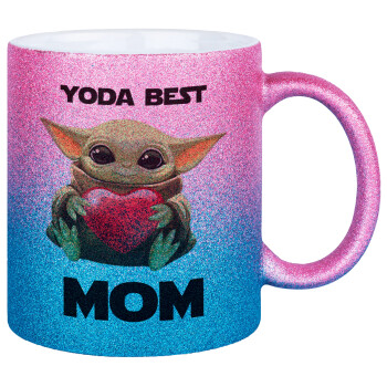 Yoda Best mom, Κούπα Χρυσή/Μπλε Glitter, κεραμική, 330ml
