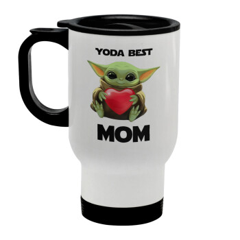 Yoda Best mom, Κούπα ταξιδιού ανοξείδωτη με καπάκι, διπλού τοιχώματος (θερμό) λευκή 450ml