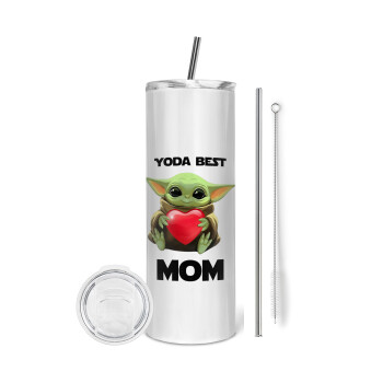 Yoda Best mom, Tumbler ποτήρι θερμό από ανοξείδωτο ατσάλι 600ml, με μεταλλικό καλαμάκι & βούρτσα καθαρισμού