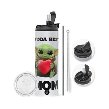 Yoda Best mom, Travel Tumbler θερμό με διπλό καπάκι, μεταλλικό καλαμάκι και βούρτσα καθαρισμού (Ανωξείδωτο 304 Food grade, BPA free, 600ml)