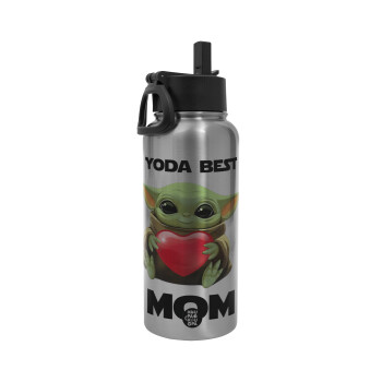 Yoda Best mom, Metal mug thermo Silver with Straw and Spout Lid (Stainless steel), double wall, 950ml