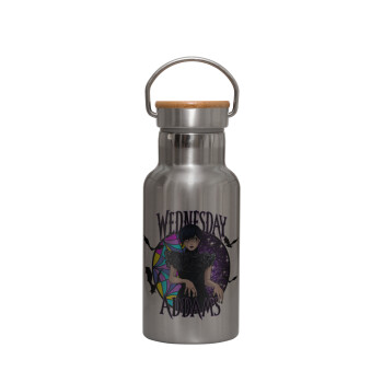 Wednesday Jenna Ortega, Stainless steel metallic thermos flask, silver with a bamboo lid, double-walled, 350ml.