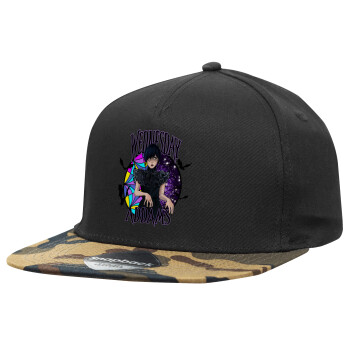 Wednesday Jenna Ortega, Adult Flat Snapback Hat Black/Camouflage, (100% COTTON TWILL, ADULT, UNISEX, ONE SIZE)