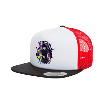 Wednesday Jenna Ortega, Adult Foam Flat Snapback with Mesh Black-White-Red (POLYESTER, ADULT, UNISEX, ONE SIZE)