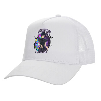 Wednesday Jenna Ortega, Structured Trucker Adult Hat, with Mesh, WHITE (100% COTTON, ADULT, UNISEX, ONE SIZE)