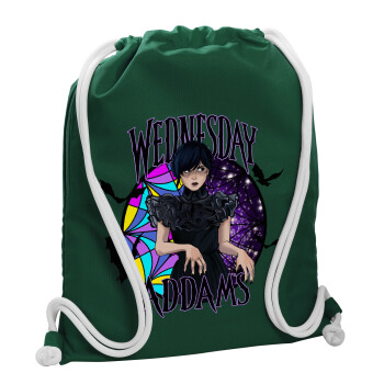 Wednesday Jenna Ortega, Backpack pouch GYMBAG BOTTLE GREEN, with pocket (40x48cm) & thick white cords