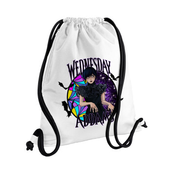 Wednesday Jenna Ortega, Backpack pouch GYMBAG white, with pocket (40x48cm) & thick cords