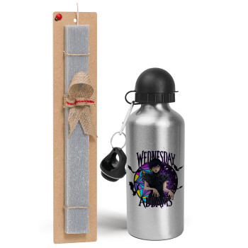 Wednesday Jenna Ortega, Easter Set, metallic silver aluminum water bottle (500ml) & aromatic flat Easter candle (30cm) (GRAY)