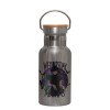 Stainless steel metallic thermos flask, silver with a bamboo lid, double-walled, 350ml.