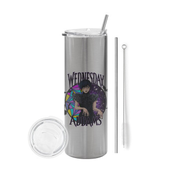 Wednesday Jenna Ortega, Tumbler stainless steel Silver 600ml, with metal straw & cleaning brush