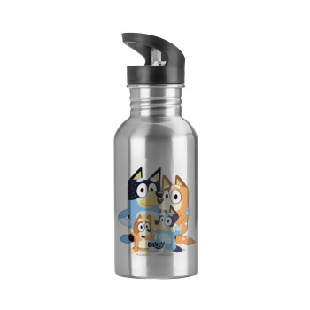 Bluey, Water bottle Silver with straw, stainless steel 600ml