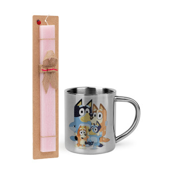 Bluey, Easter Set, metallic thermal cup (300ml) & aromatic flat Easter candle (30cm) (PINK)