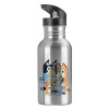 Water bottle Silver with straw, stainless steel 600ml