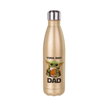 Yoda Best Dad, Glitter gold stainless steel thermos bottle, double-walled, 500ml