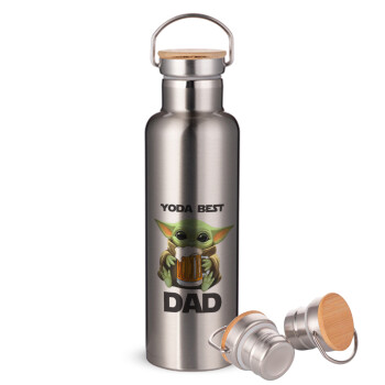 Yoda Best Dad, Stainless steel Silver with wooden lid (bamboo), double wall, 750ml