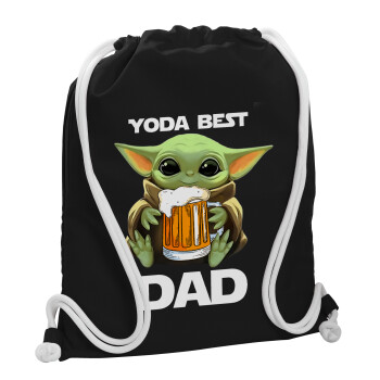 Yoda Best Dad, Backpack pouch GYMBAG Black, with pocket (40x48cm) & thick white cords