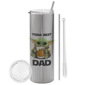 Yoda Best Dad, Tumbler ποτήρι θερμό Ασημένιο από ανοξείδωτο ατσάλι 600ml, με μεταλλικό καλαμάκι & βούρτσα καθαρισμού