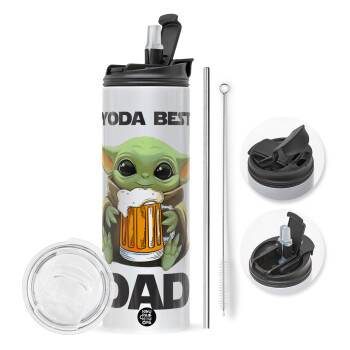 Yoda Best Dad, Travel Tumbler θερμό με διπλό καπάκι, μεταλλικό καλαμάκι και βούρτσα καθαρισμού (Ανωξείδωτο 304 Food grade, BPA free, 600ml)