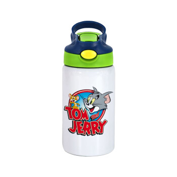 Tom and Jerry, Children's hot water bottle, stainless steel, with safety straw, green, blue (350ml)
