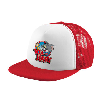 Tom and Jerry, Adult Soft Trucker Hat with Red/White Mesh (POLYESTER, ADULT, UNISEX, ONE SIZE)