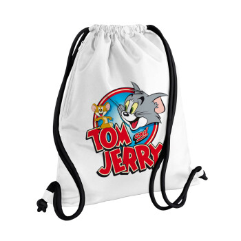 Tom and Jerry, Τσάντα πλάτης πουγκί GYMBAG λευκή, με τσέπη (40x48cm) & χονδρά κορδόνια