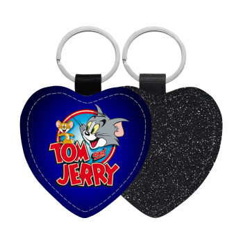 Tom and Jerry, Μπρελόκ PU δερμάτινο glitter καρδιά ΜΑΥΡΟ