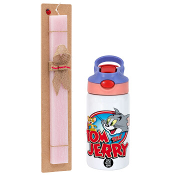 Tom and Jerry, Easter Set, Children's thermal stainless steel water bottle with safety straw, pink/purple (350ml) & Easter scented flat candle (30cm) (PINK)