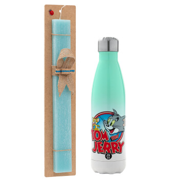 Tom and Jerry, Easter Set, Metallic green/white thermos (Stainless steel), double-walled, 500ml & scented flat Easter candle (30cm) (TURQUOISE)