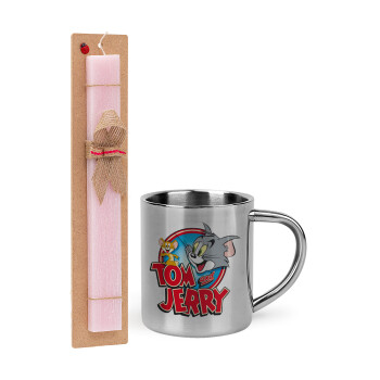 Tom and Jerry, Easter Set, metallic thermal cup (300ml) & aromatic flat Easter candle (30cm) (PINK)