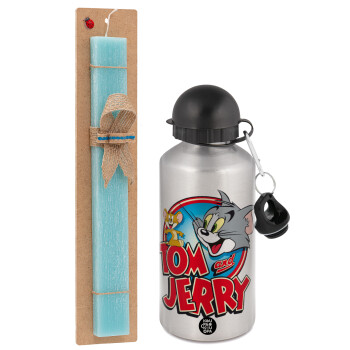 Tom and Jerry, Easter Set, metallic silver aluminum water bottle (500ml) & scented flat Easter candle (30cm) (TURQUOISE)