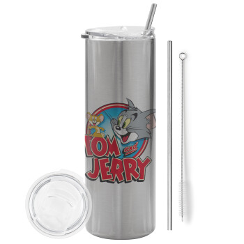 Tom and Jerry, Tumbler stainless steel Silver 600ml, with metal straw & cleaning brush