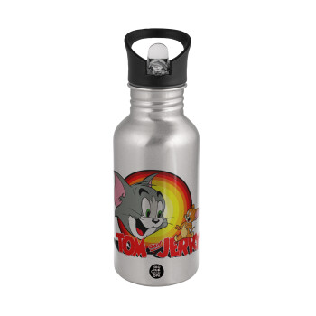 Tom and Jerry, Water bottle Silver with straw, stainless steel 500ml