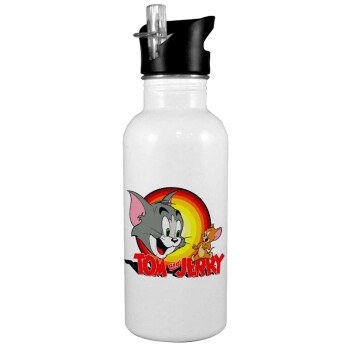 Tom and Jerry, White water bottle with straw, stainless steel 600ml