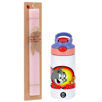 Tom and Jerry, Easter Set, Children's thermal stainless steel water bottle with safety straw, pink/purple (350ml) & Easter scented flat candle (30cm) (PINK)