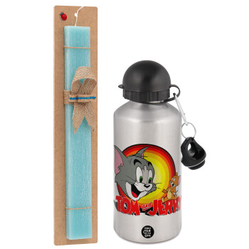 Tom and Jerry, Easter Set, metallic silver aluminum water bottle (500ml) & scented flat Easter candle (30cm) (TURQUOISE)