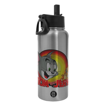 Tom and Jerry, Metal mug thermo Silver with Straw and Spout Lid (Stainless steel), double wall, 950ml