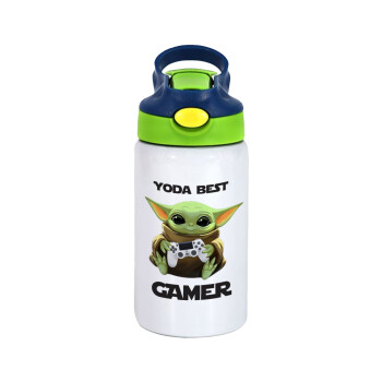 Yoda Best Gamer, Children's hot water bottle, stainless steel, with safety straw, green, blue (350ml)